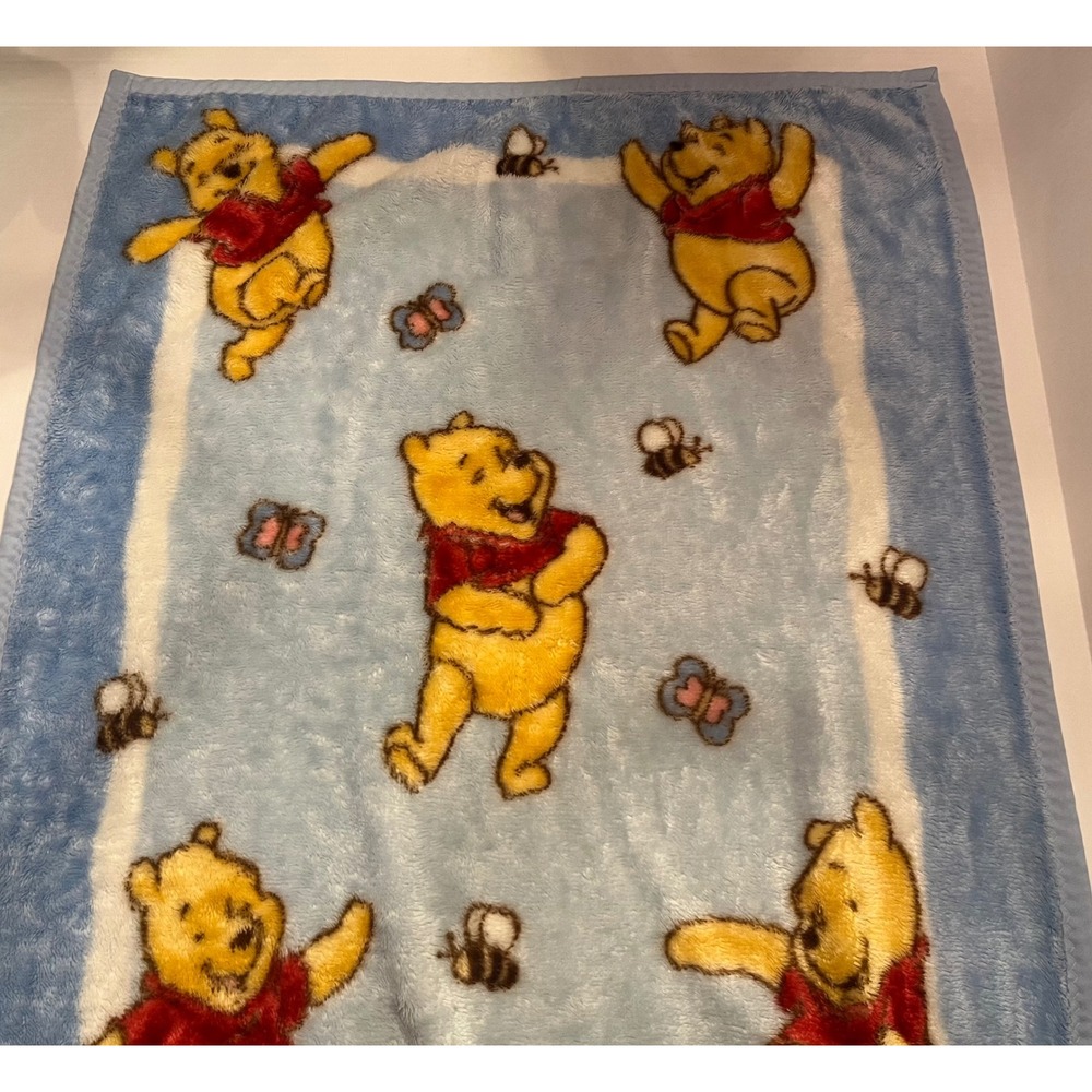 Disney Winnie the Pooh Baby Blanket Blue Plush Fleece Pooh Bear Bees 30"x42"